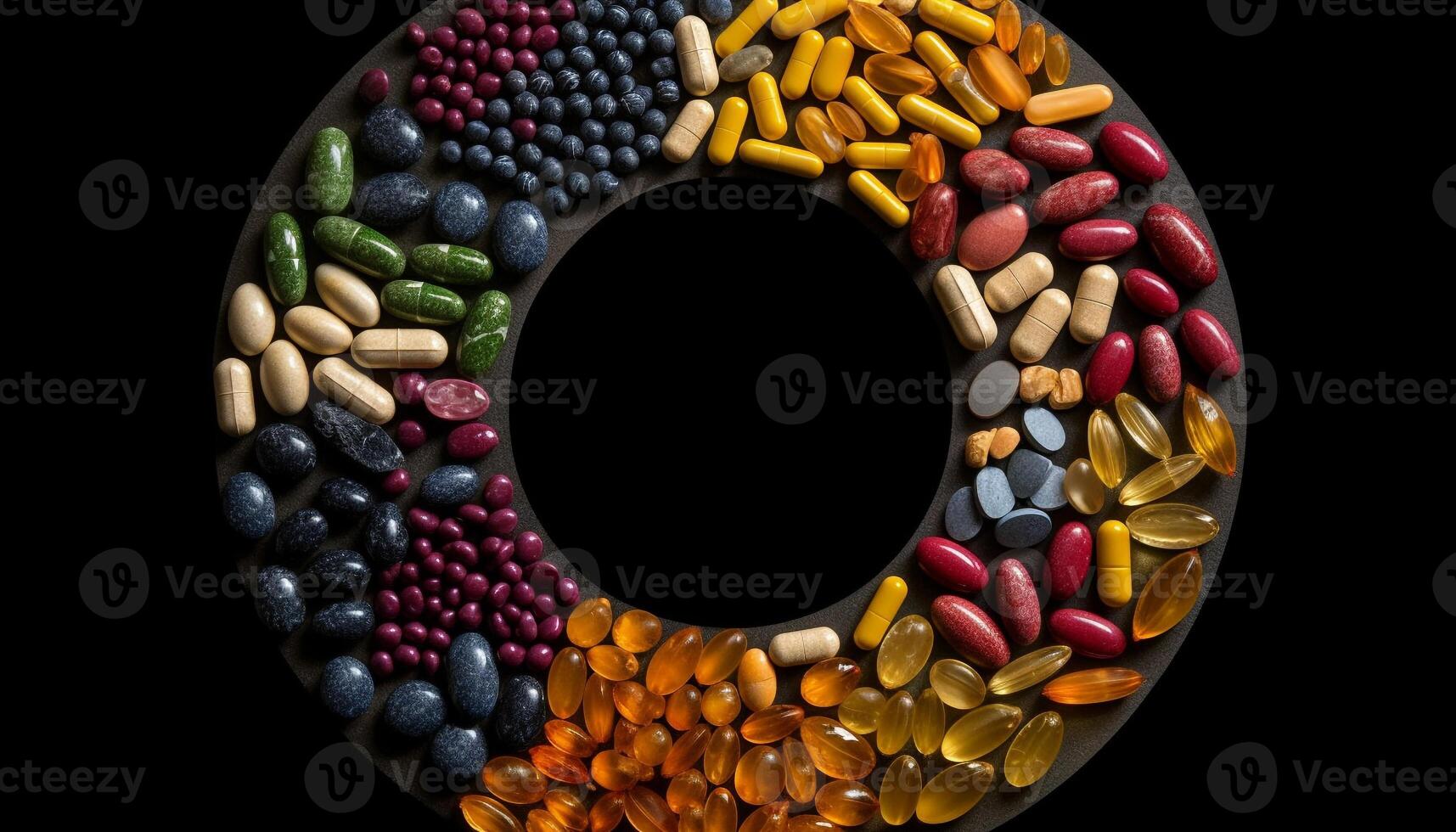 Colorful pills spill from large capsule, healthcare for recovery generated by AI photo