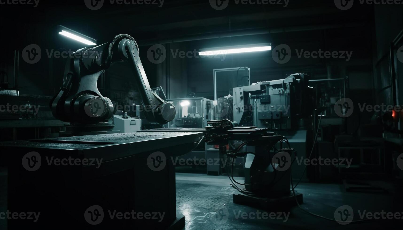moderno metal industria taller robótico brazos, pesado maquinaria, experto trabajadores generado por ai foto