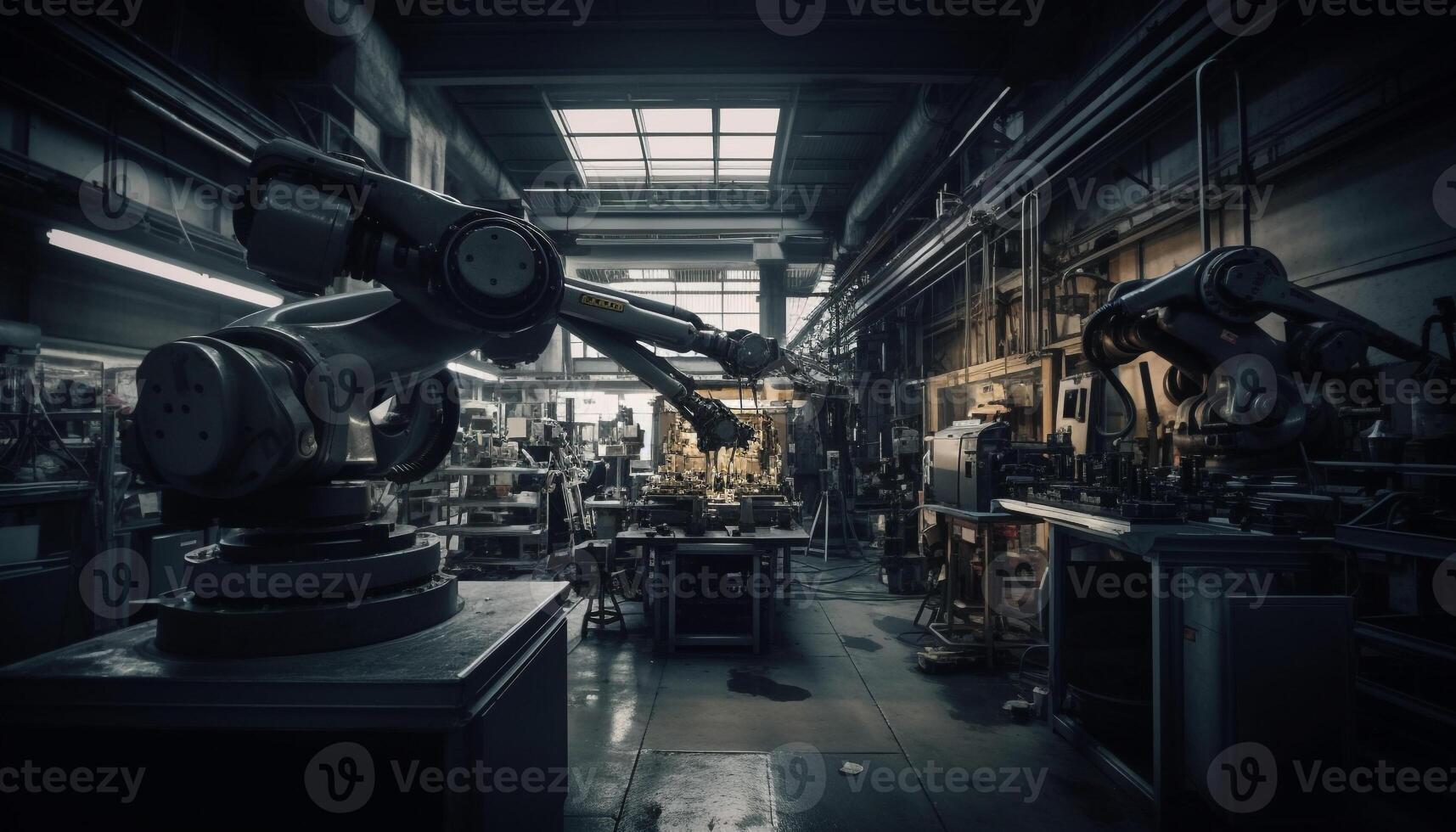Metal industry workshop with modern machinery and robotic arms generated by AI photo