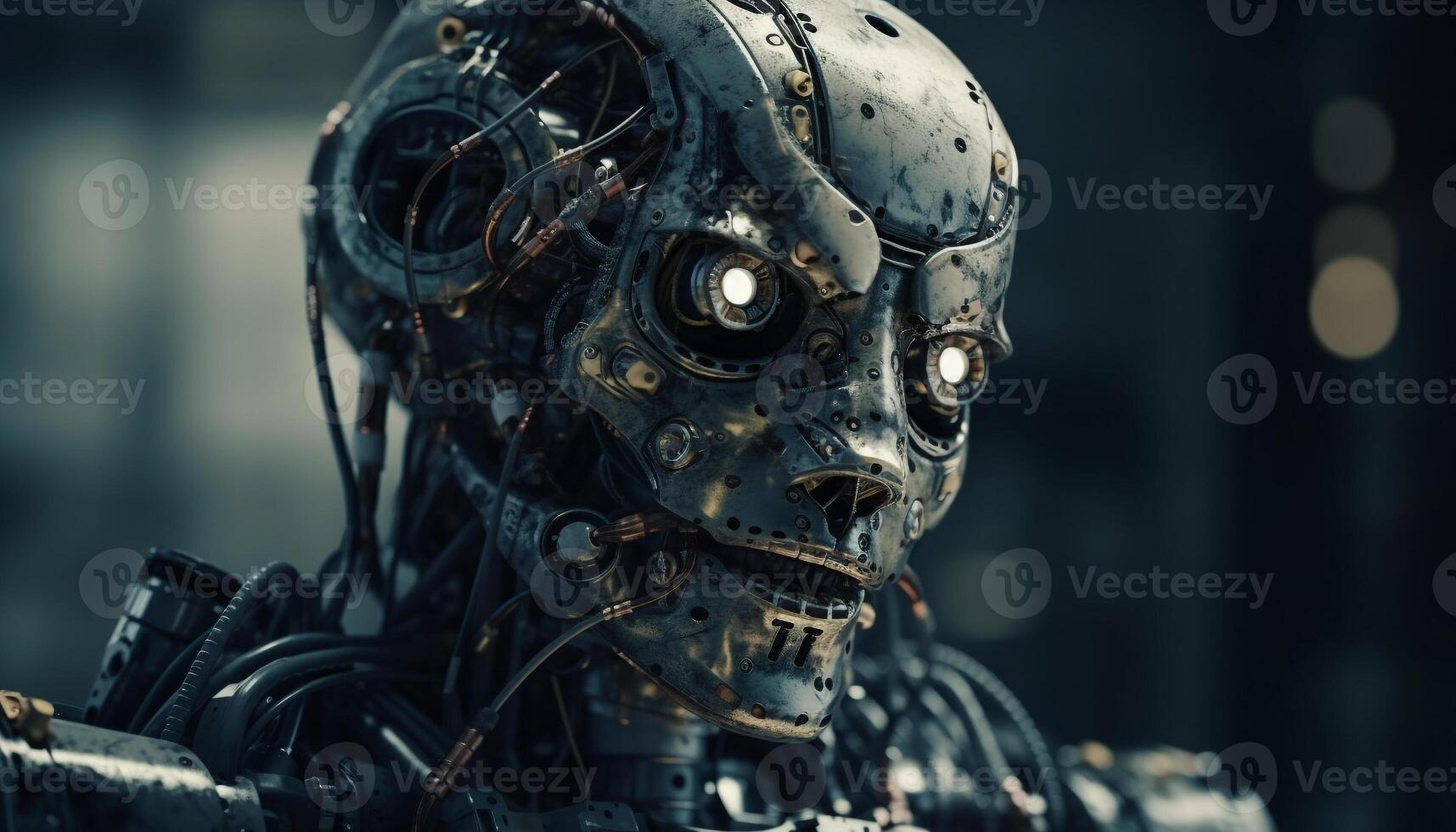 Spooky cyborg portrait futuristic machinery and metallic robotic arm generated by AI photo
