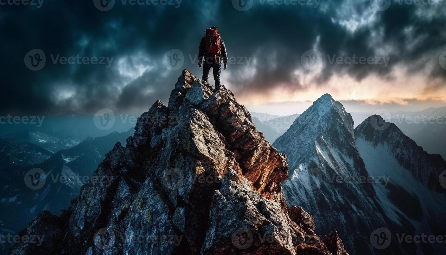 Standing on mountain peak, one person conquers extreme terrain generated by AI photo