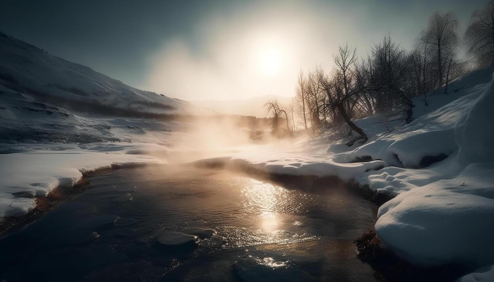 Tranquil scene of a mountain range reflecting in flowing water generated by AI photo