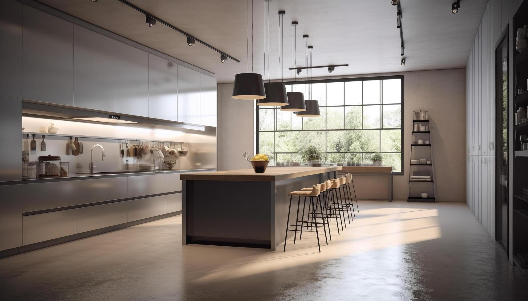 Modern domestic kitchen design with elegant wood and steel materials generated by AI photo