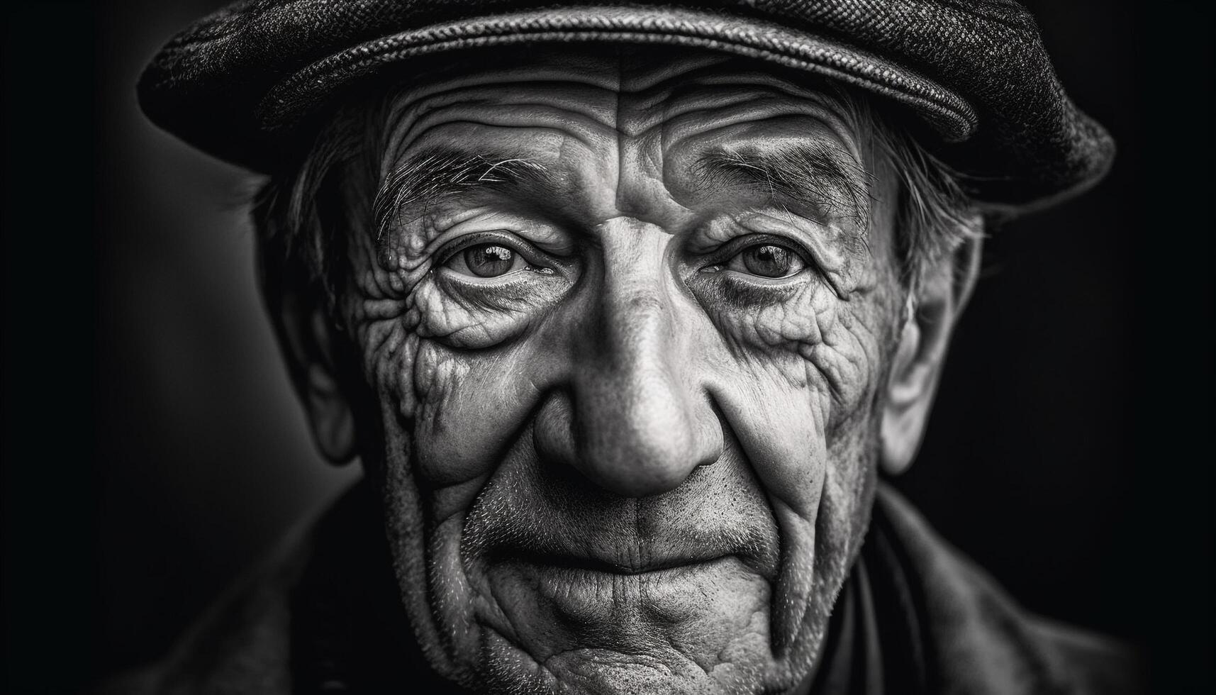 sonriente mayor hombre en tradicional gorra, un multa Arte retrato generado por ai foto