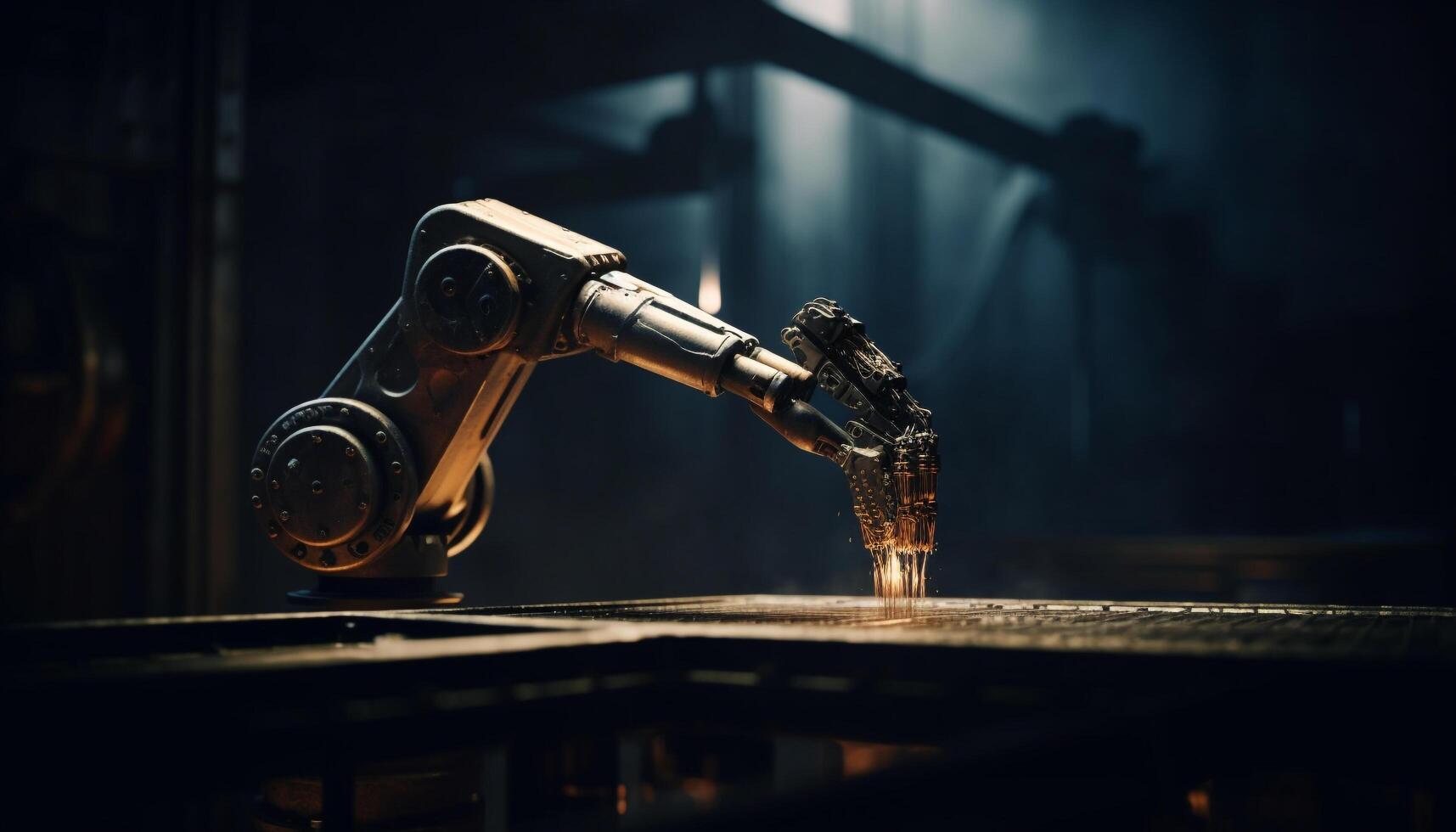 Robotic arm in futuristic factory automates metal production line generated by AI photo