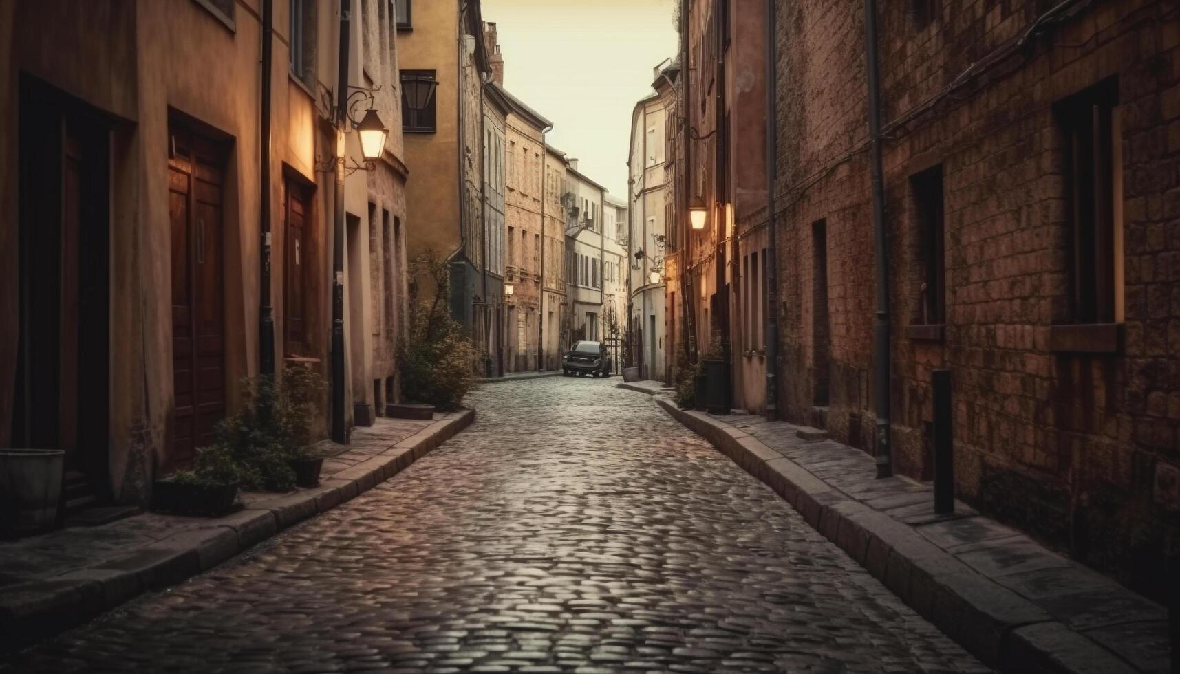Old town narrow cobblestone streets illuminated by lanterns at dusk generated by AI photo