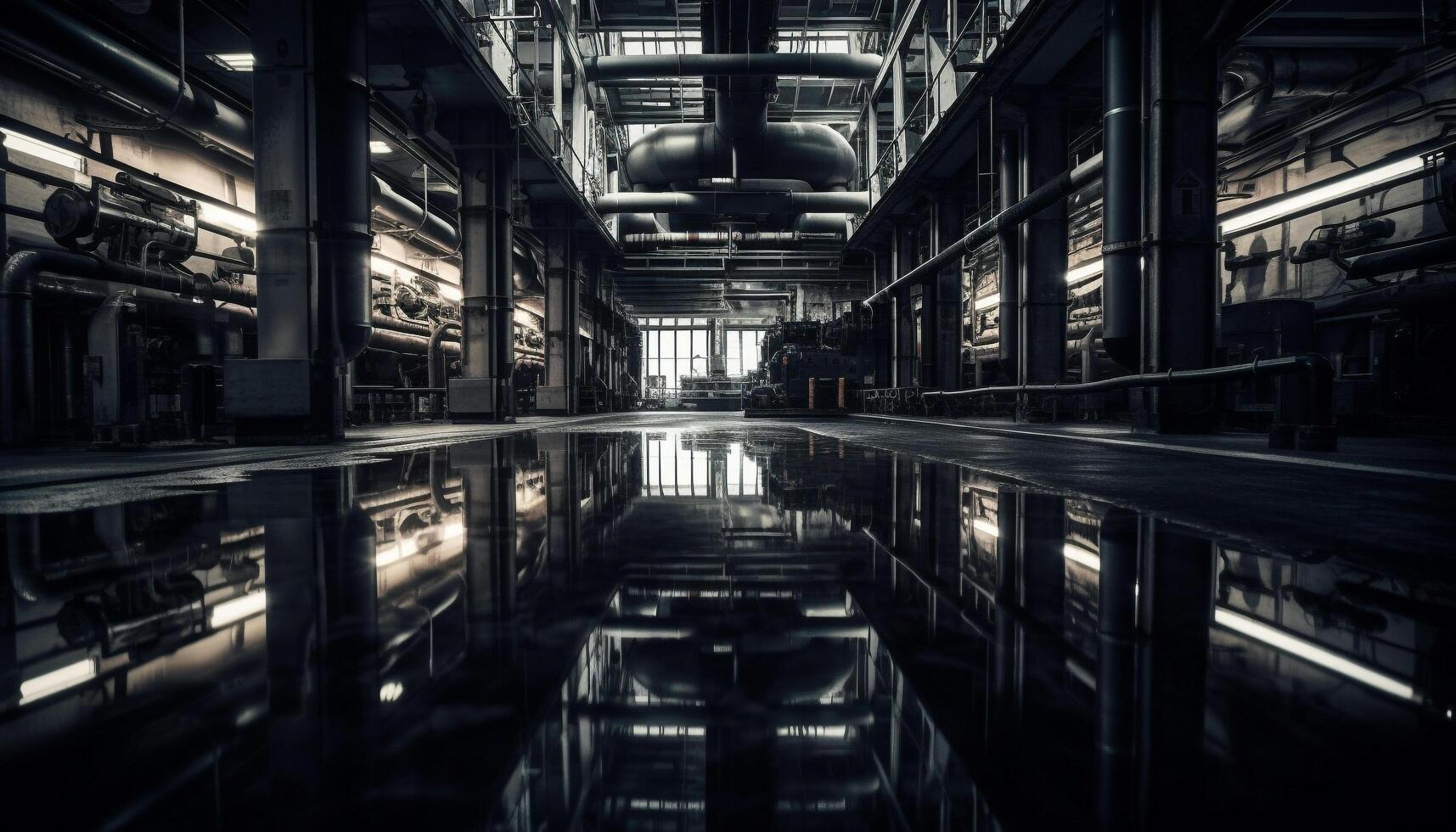 Spooky abandoned factory, a futuristic vanishing point of engineering design generated by AI photo