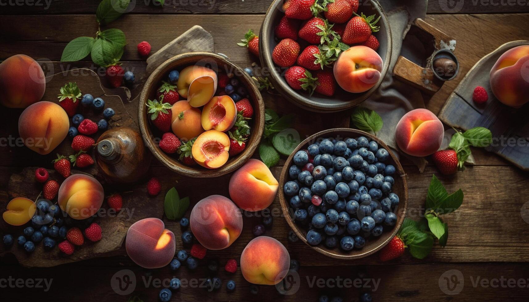 Rustic bowl of organic berry fruit, a healthy summer snack generated by AI photo