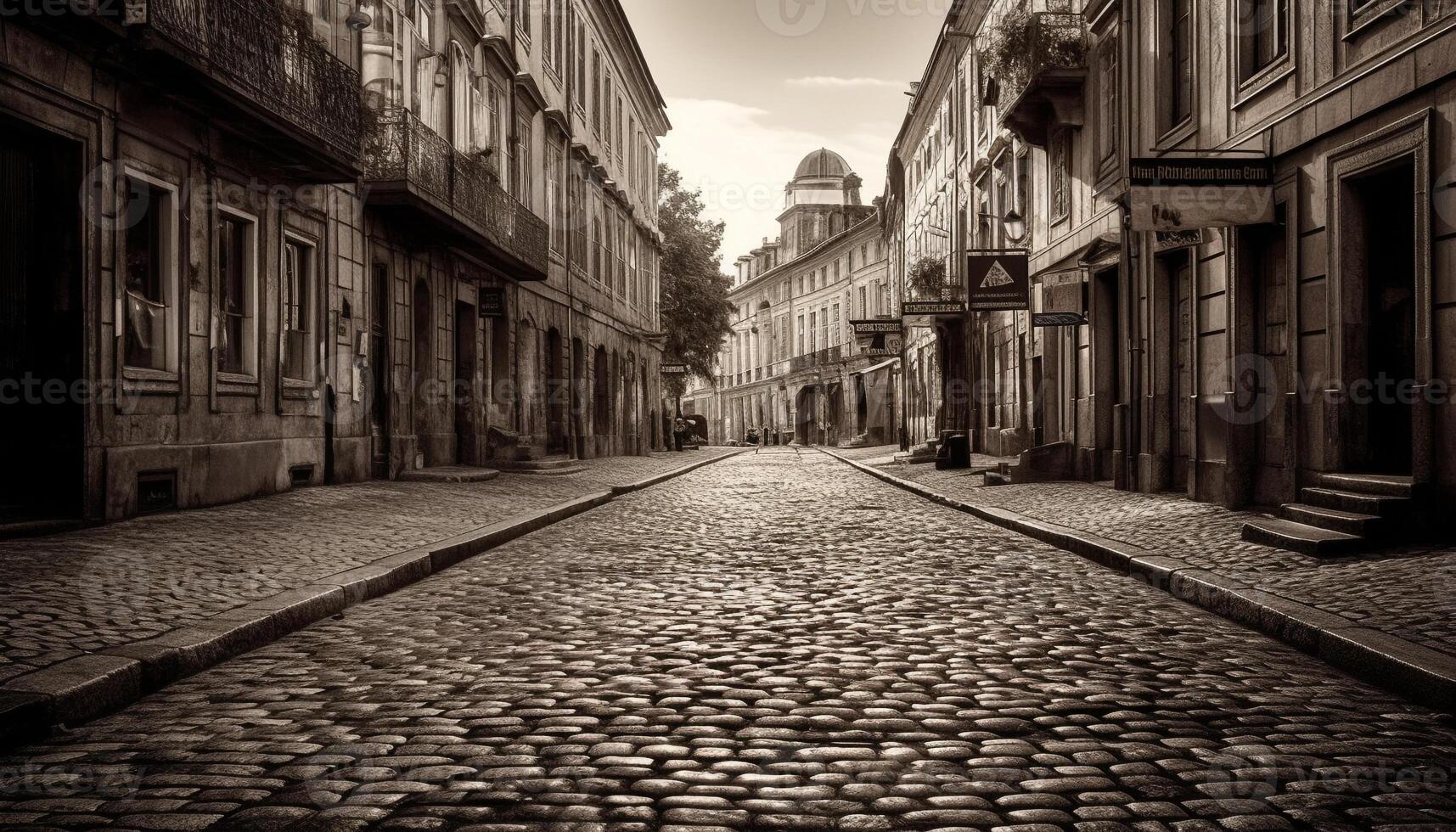 Medieval town square with old fashioned architecture and cobblestone footpath generated by AI photo