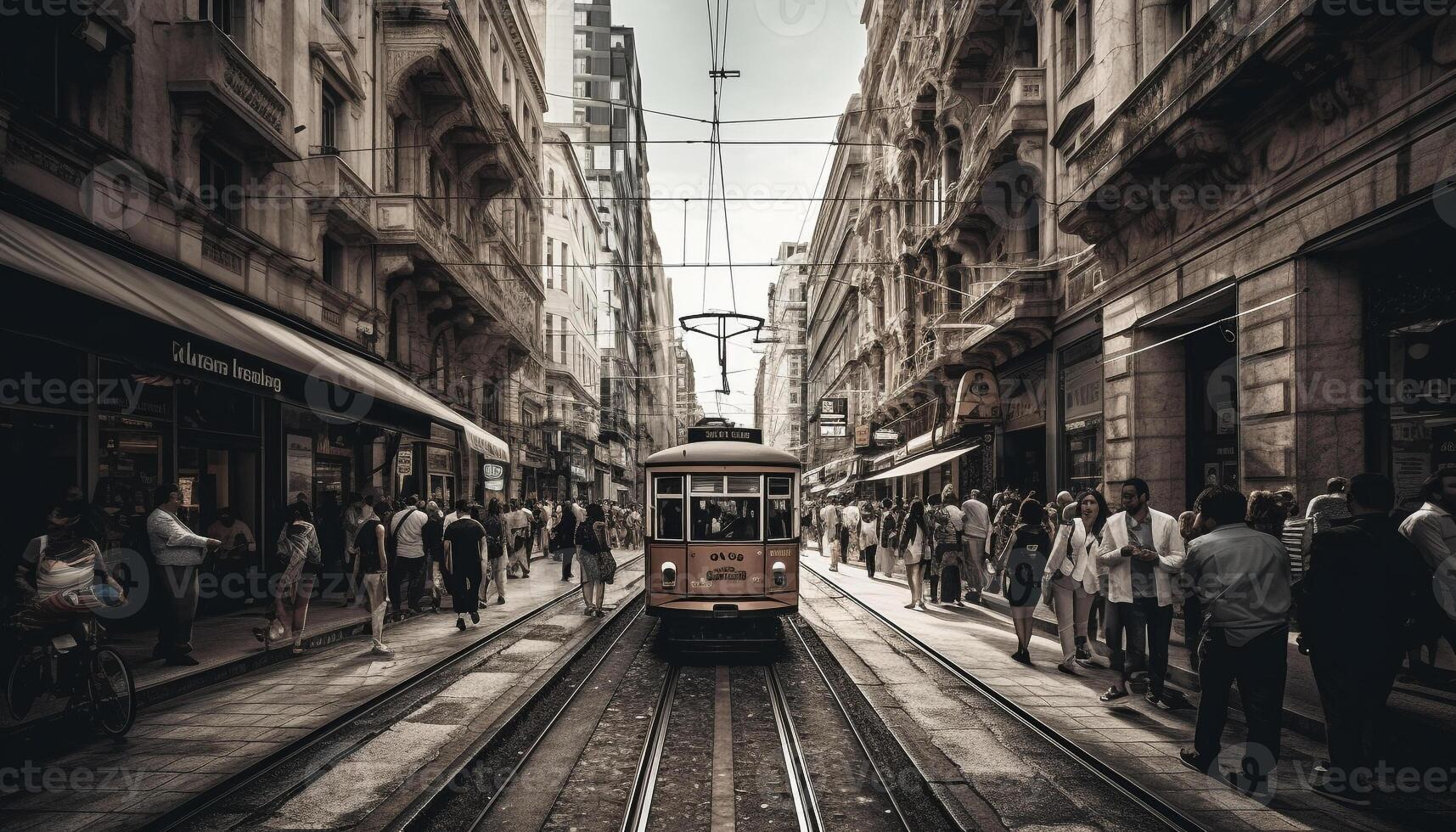 City life in motion Cable car, tramway, subway, and vanishing point generated by AI photo