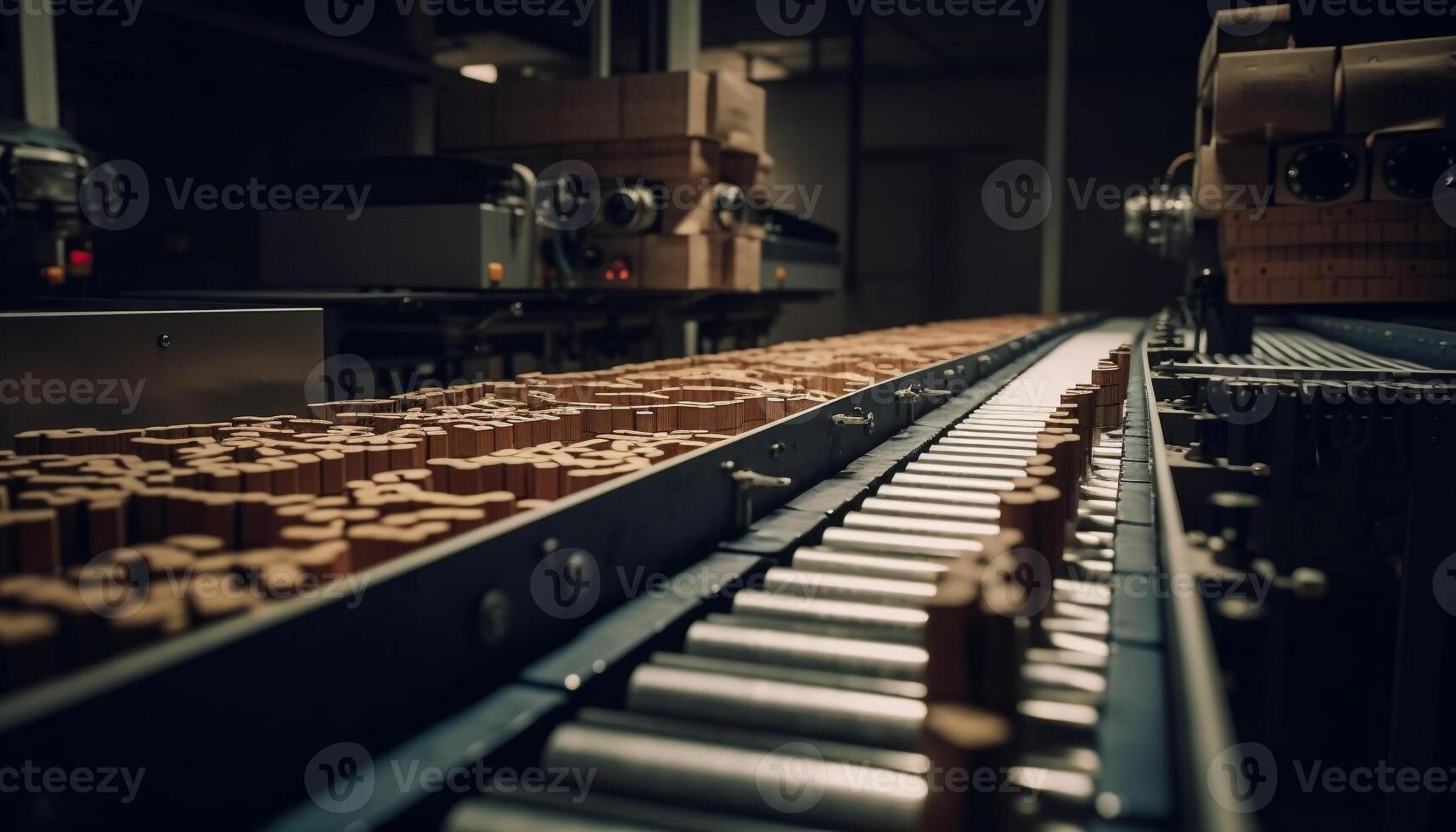 Metal workshop with automated machinery and conveyor belt for manufacturing generated by AI photo