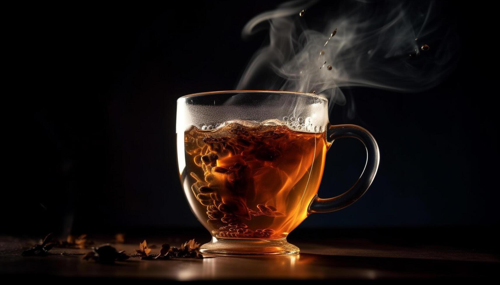 Dark liquid in mug on wood table with steam and reflection generated by AI photo