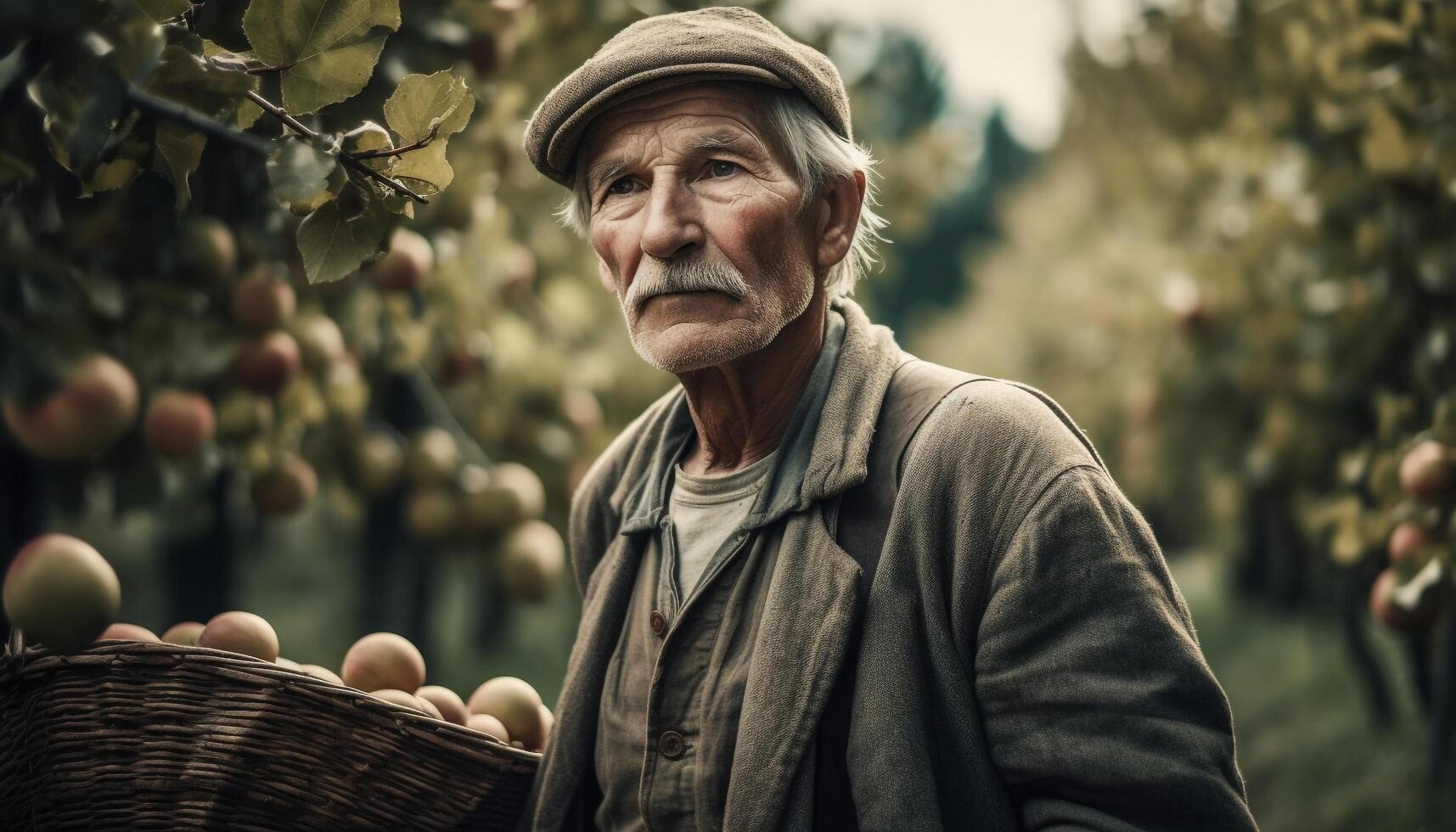 Smiling senior farmer holding fruit basket in autumn rural scene generated by AI photo