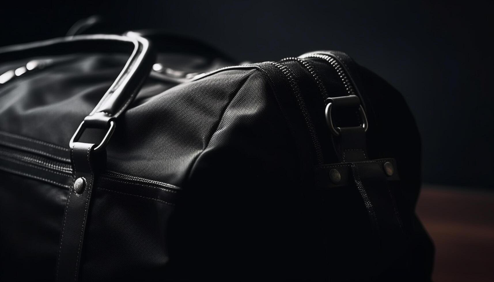negro cuero mochila con metal hebilla, Perfecto para aventuras viaje generado por ai foto