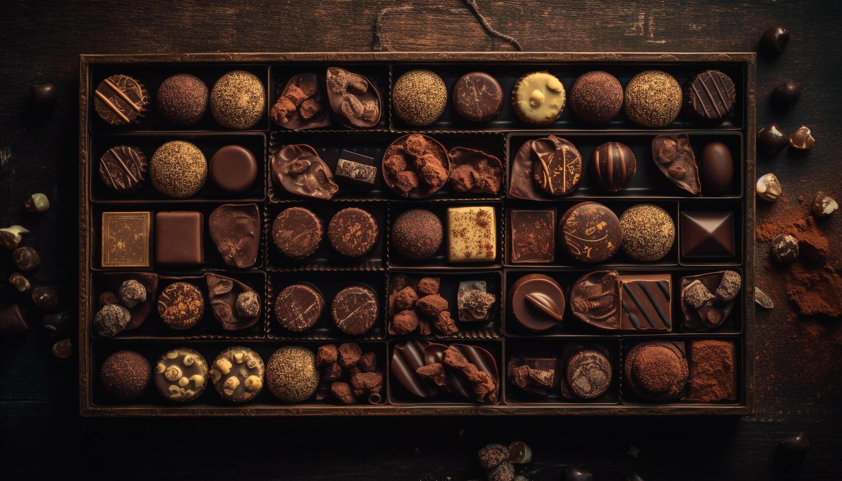 Indulgent gourmet chocolate truffle collection, a sweet temptation on table generated by AI photo