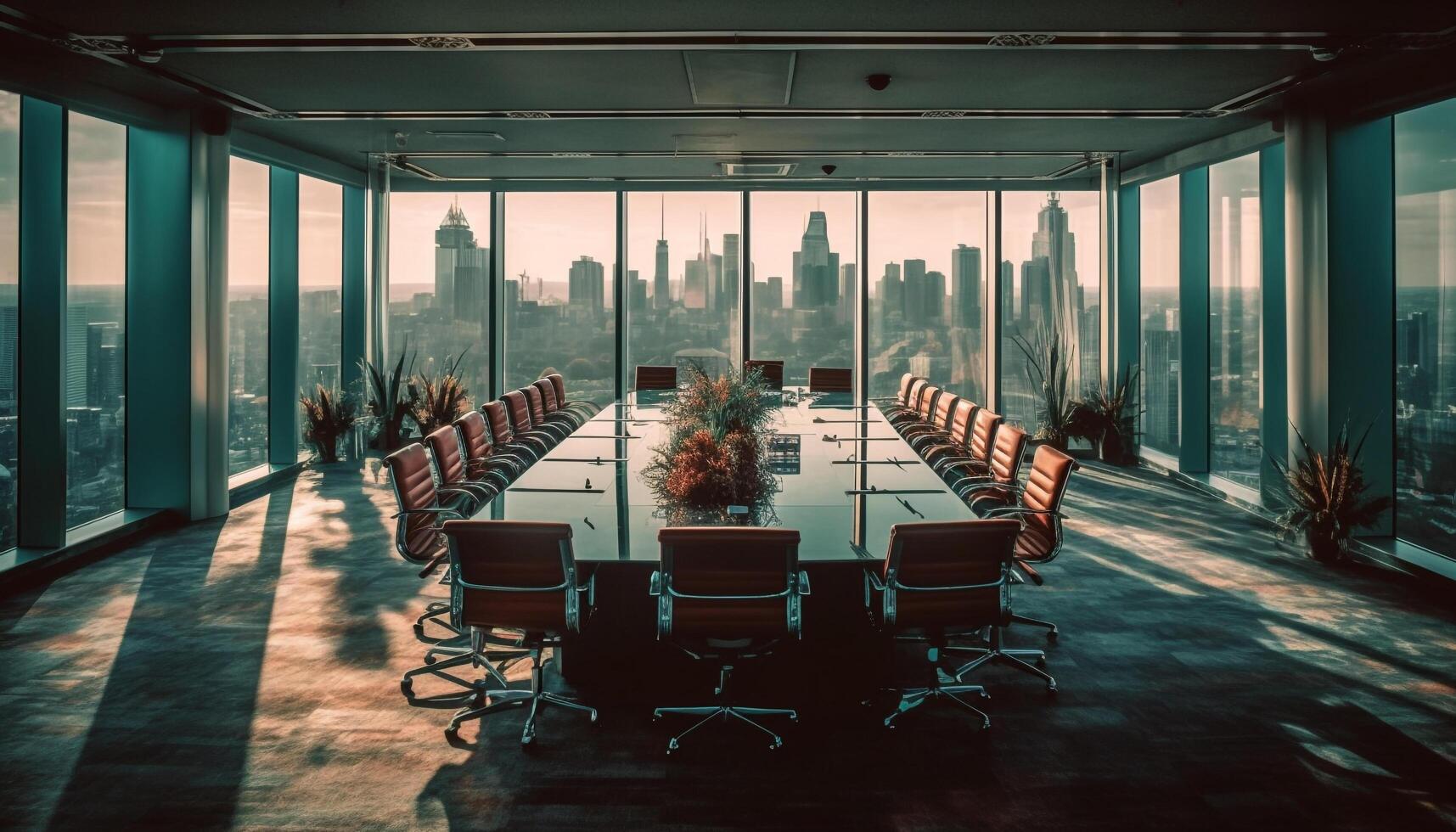 Modern city skyline viewed from empty office with panoramic window generated by AI photo