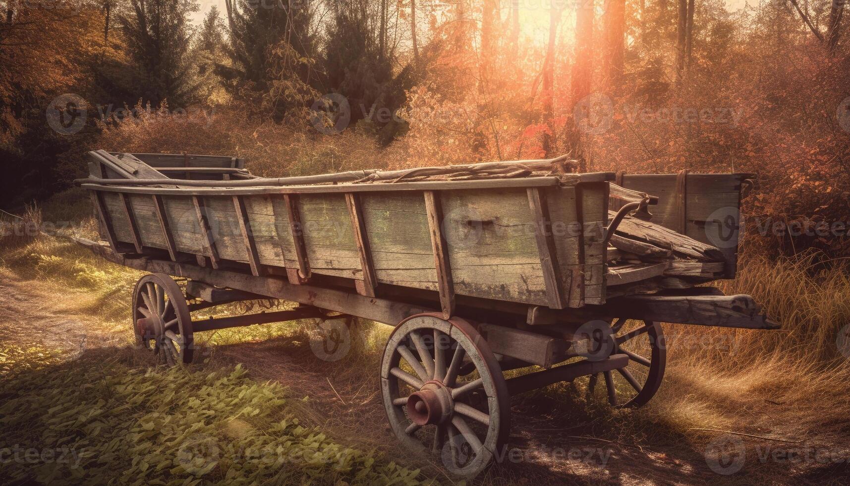 Rustic horse cart transports timber through old fashioned rural scene generated by AI photo