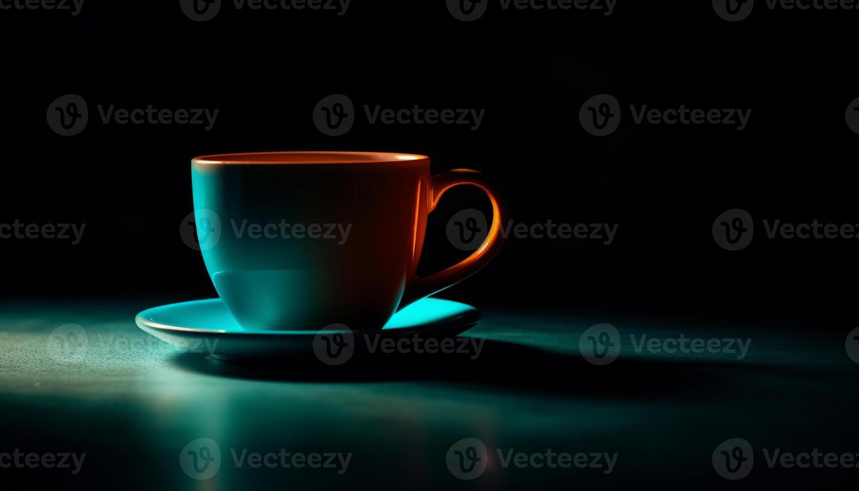 Hot frothy cappuccino on elegant wood table, black background generated by AI photo