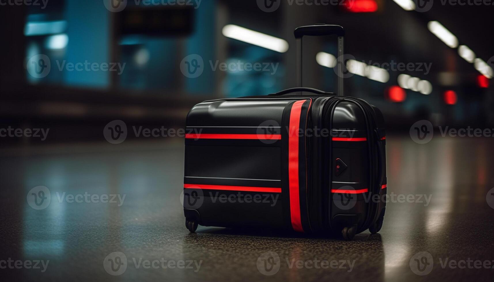 Traveler luggage awaits departure in modern airport terminal generated by AI photo