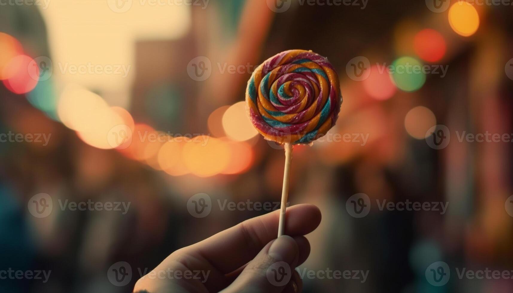 Hand holding multi colored lollipop, a sweet indulgence for celebration generated by AI photo