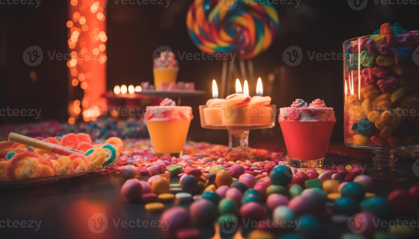 multi de colores caramelo decoración en mesa, un dulce indulgencia para celebracion generado por ai foto