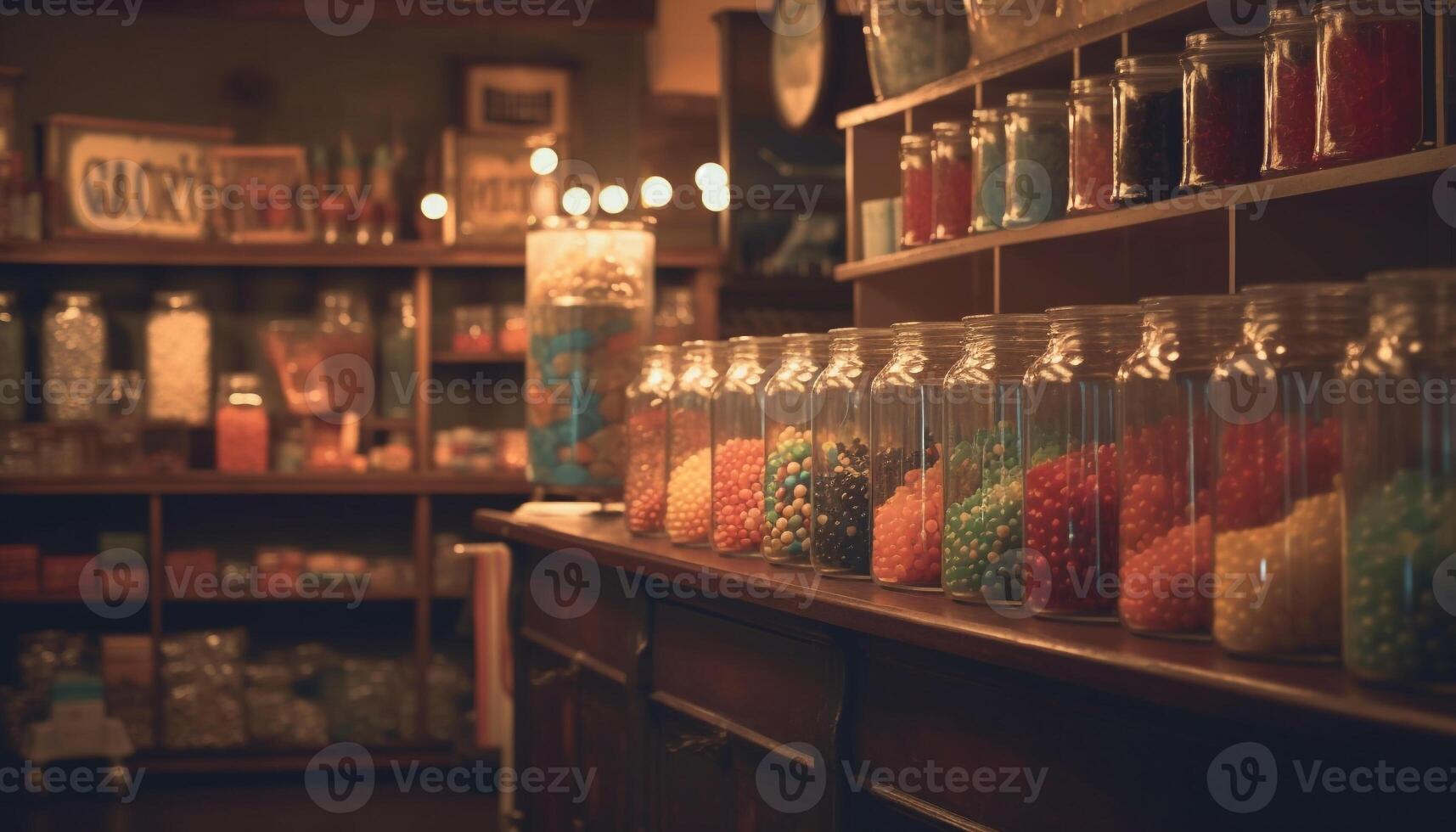 A large collection of multi colored jars on a shelf indoors generated by AI photo