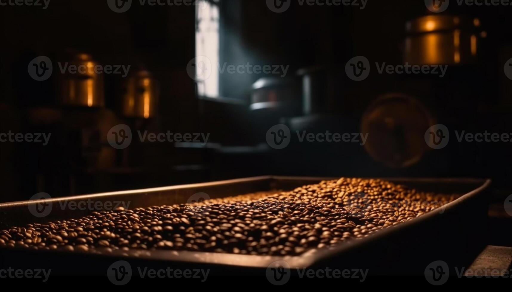 Fresh organic coffee beans in a dark kitchen container generated by AI photo