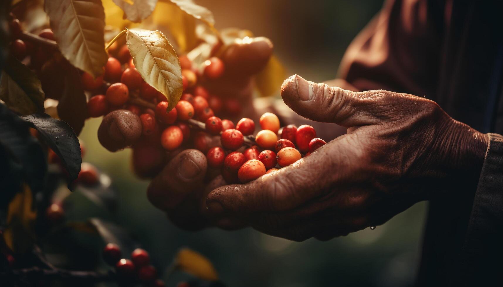 mano cosecha maduro baya Fruta en un verde granja rama generado por ai foto