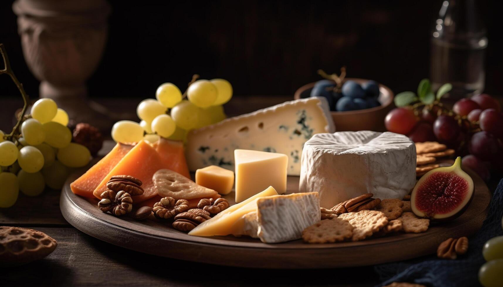 A rustic cheese board with a variety of gourmet dairy products generated by AI photo
