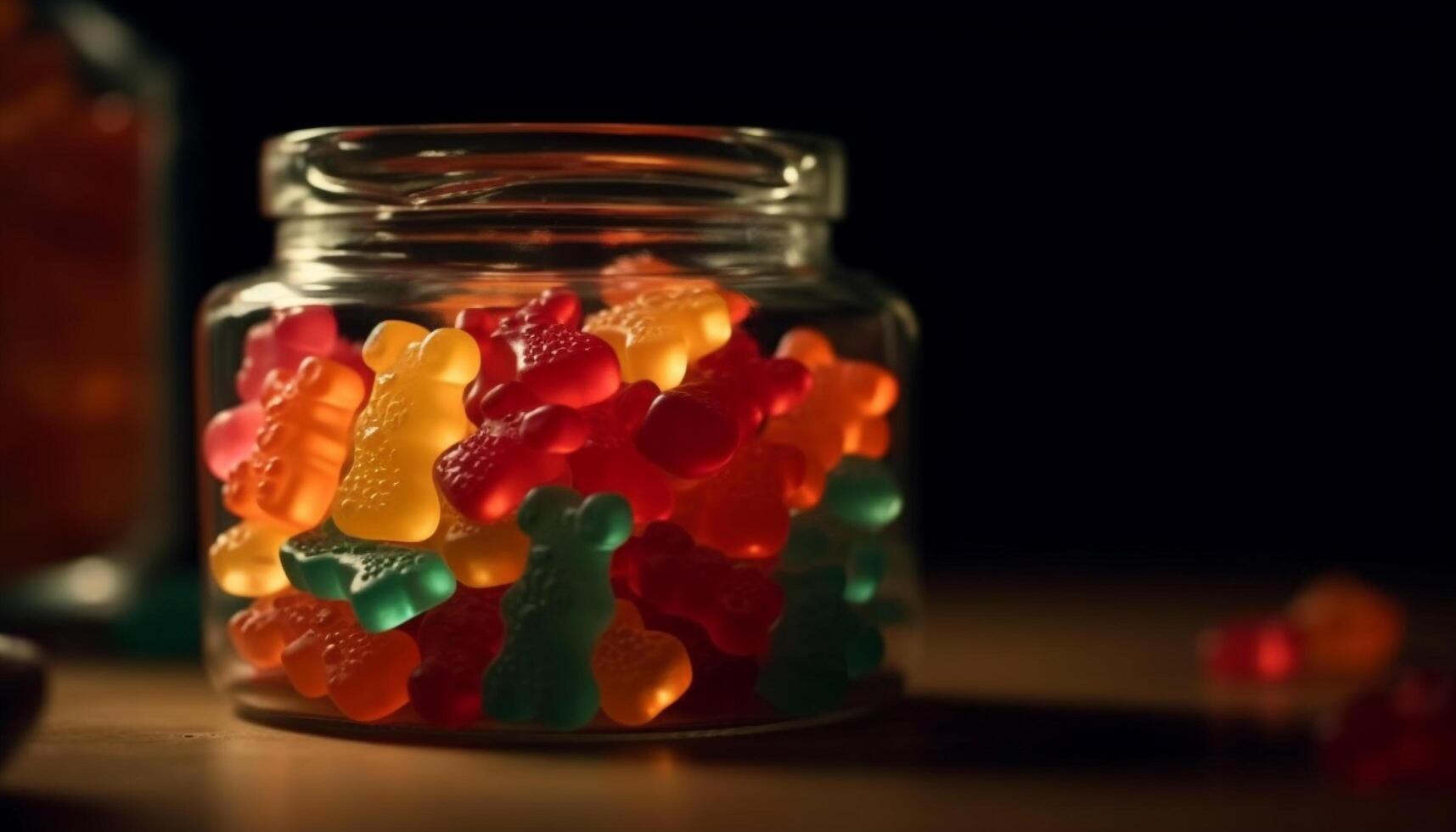 Multi colored candy jar on wood table, a childhood indulgence generated by AI photo