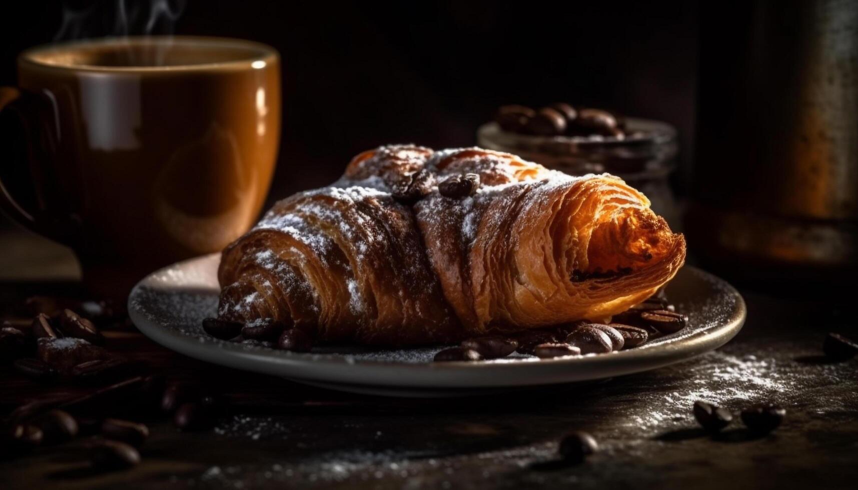 French gourmet meal fresh croissant, baked brioche, and sweet bun generated by AI photo