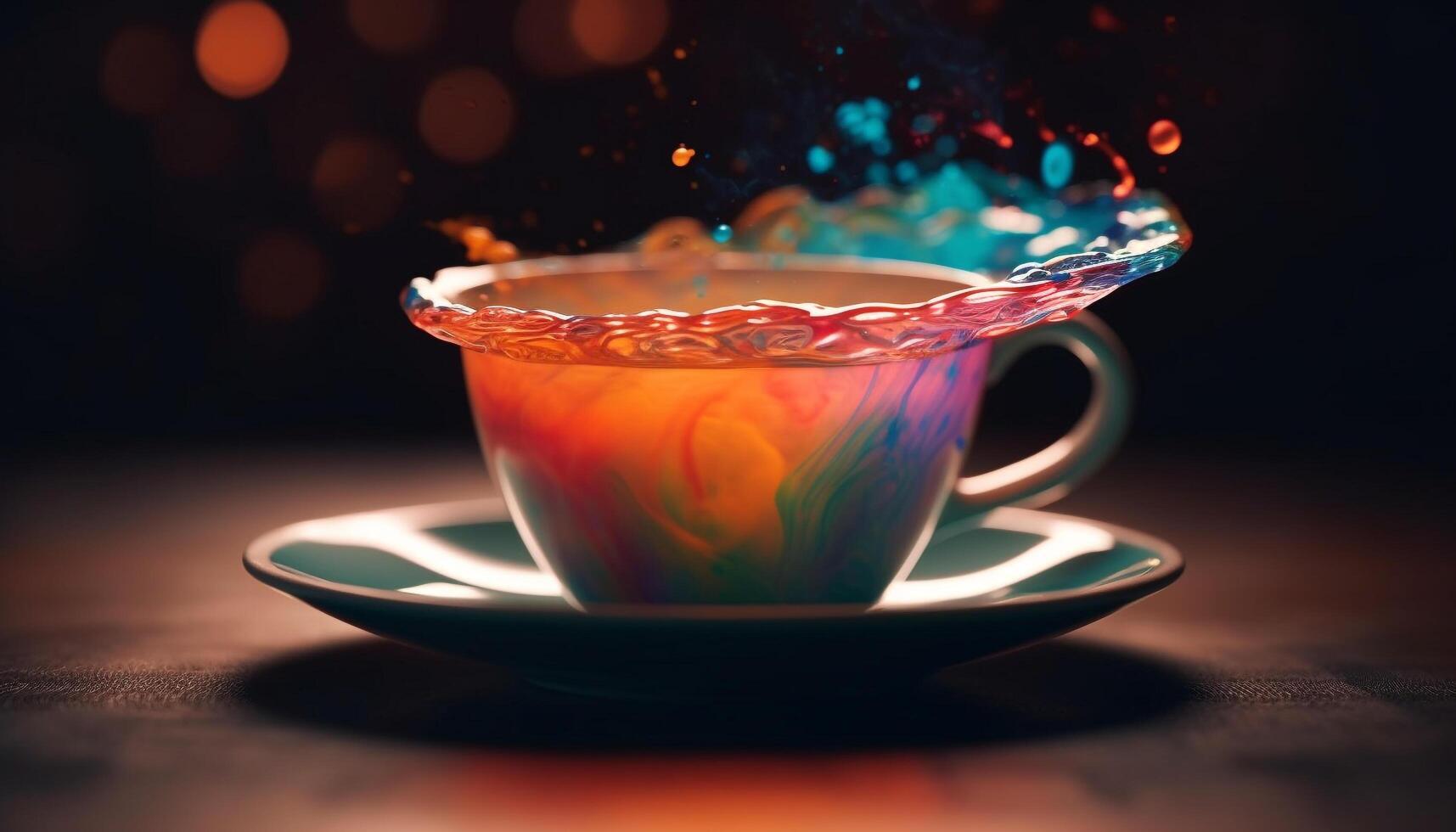 Hot coffee in blue mug on wooden table, steam rising generated by AI photo