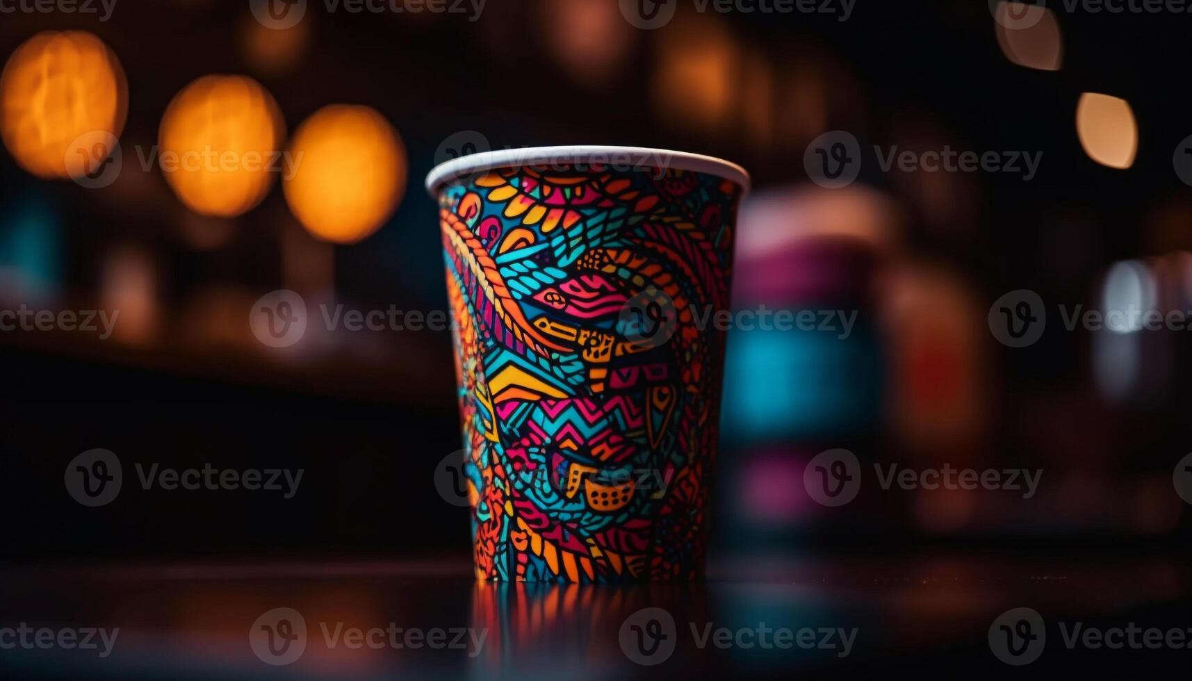 Multi colored pottery vase illuminates bright table in dark bar generated by AI photo