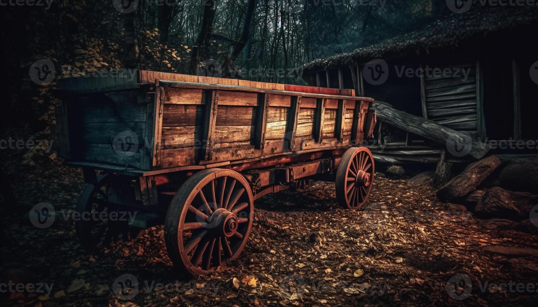 Rusty old wagon wheel abandoned in spooky ancient forest generated by AI photo