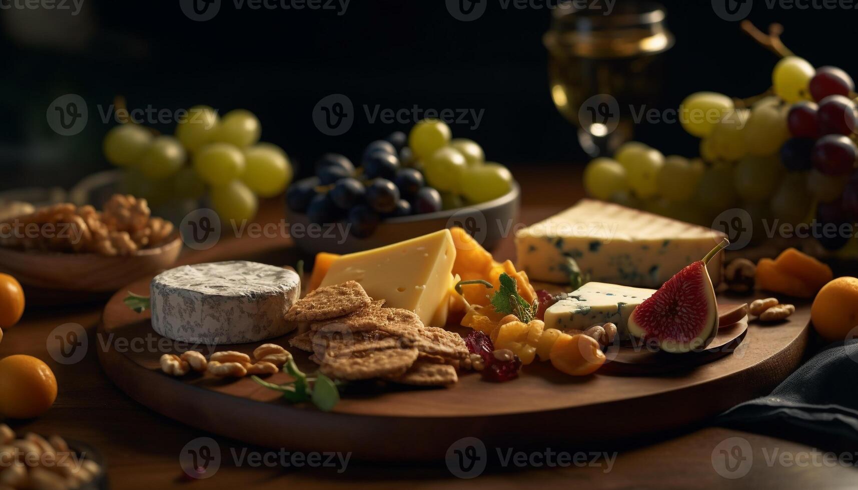 A rustic cheese board with a variety of gourmet dairy products generated by AI photo