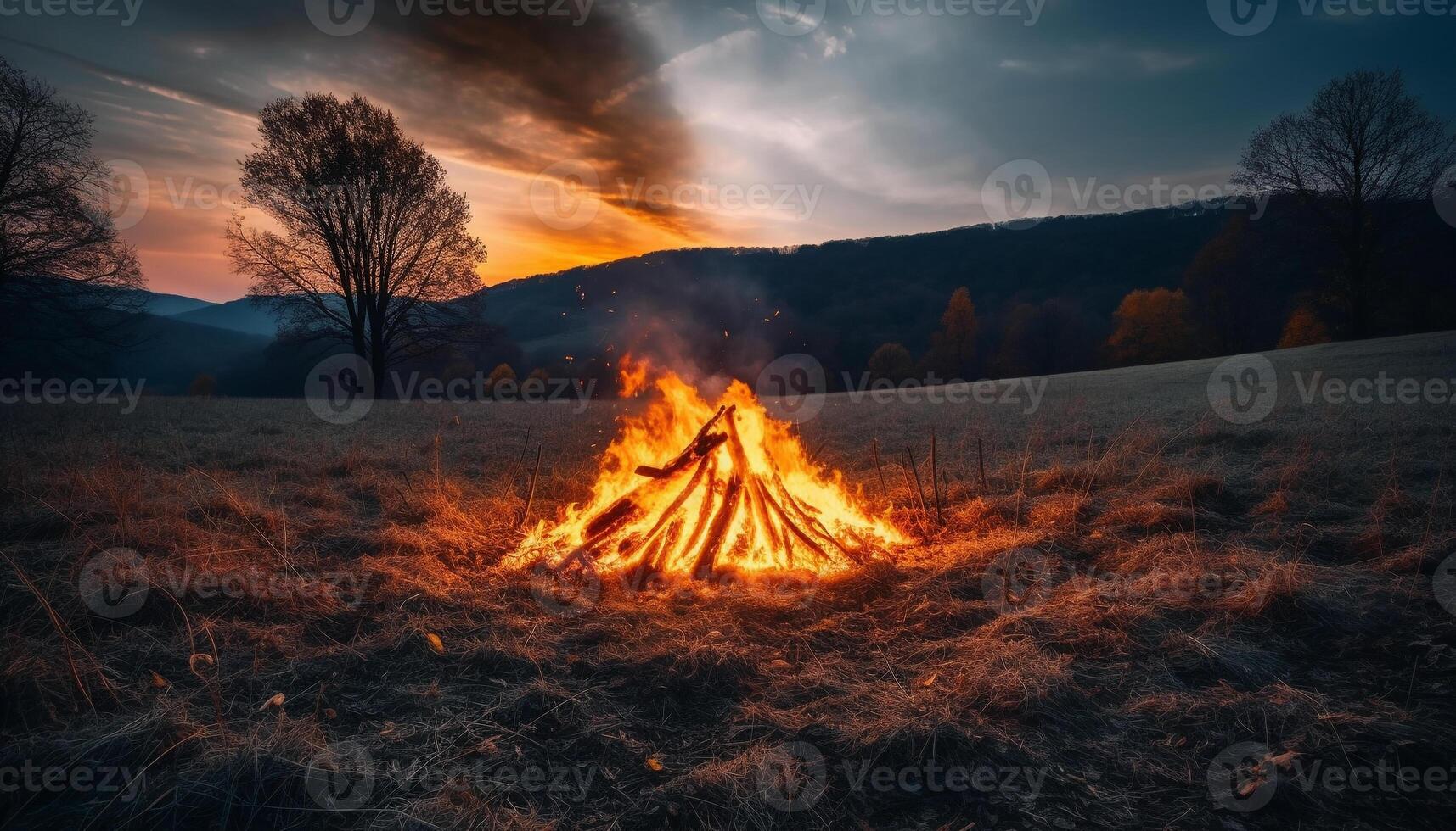 Mountain range ablaze, inferno of danger, environmental damage in hell generated by AI photo