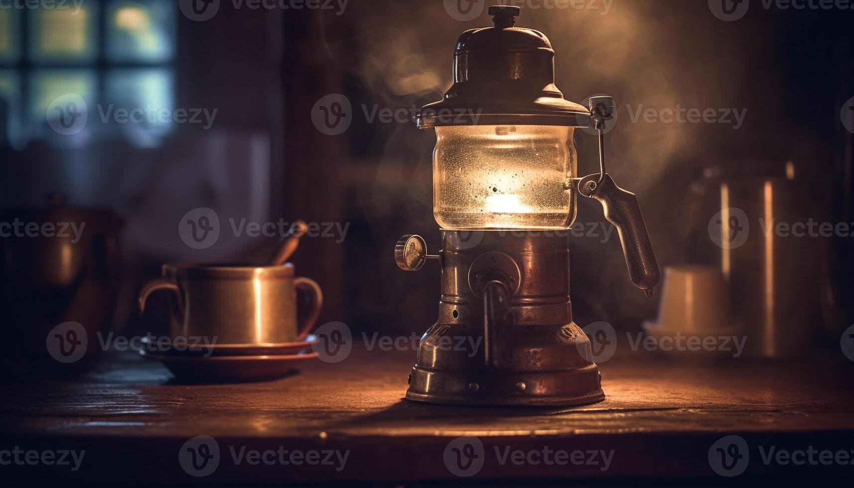 Rustic coffee shop table with old fashioned lantern and glowing flame generated by AI photo