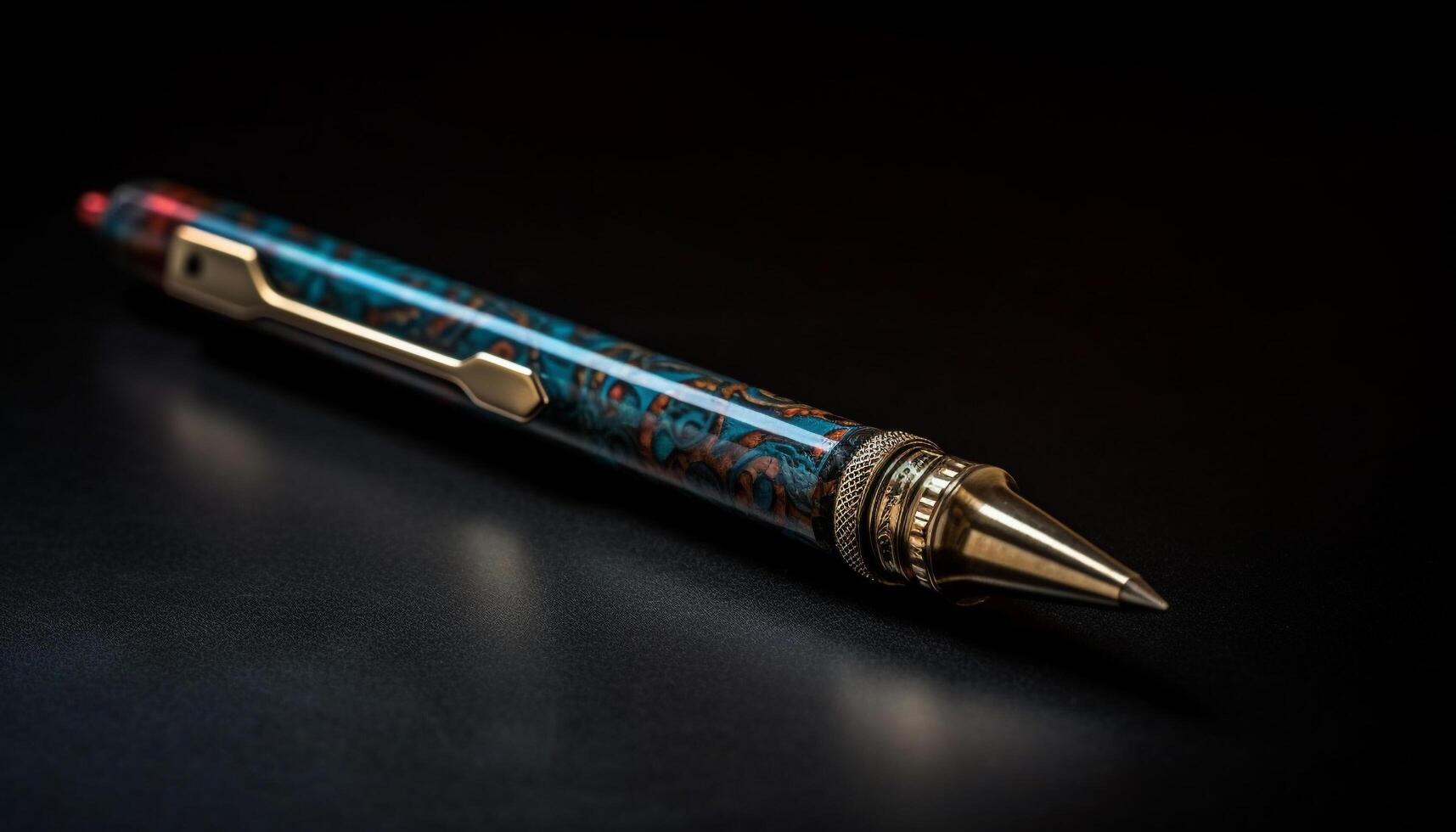 Antique fountain pen on blank document, signature in blue ink generated by AI photo