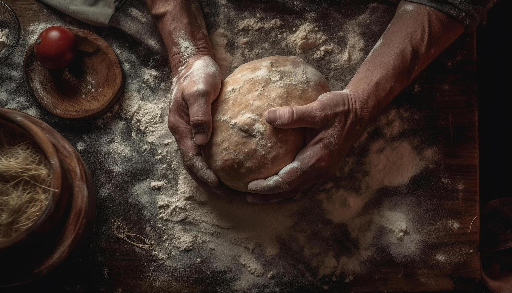 Handmade bread preparation on rustic wooden table with homemade dough generated by AI photo