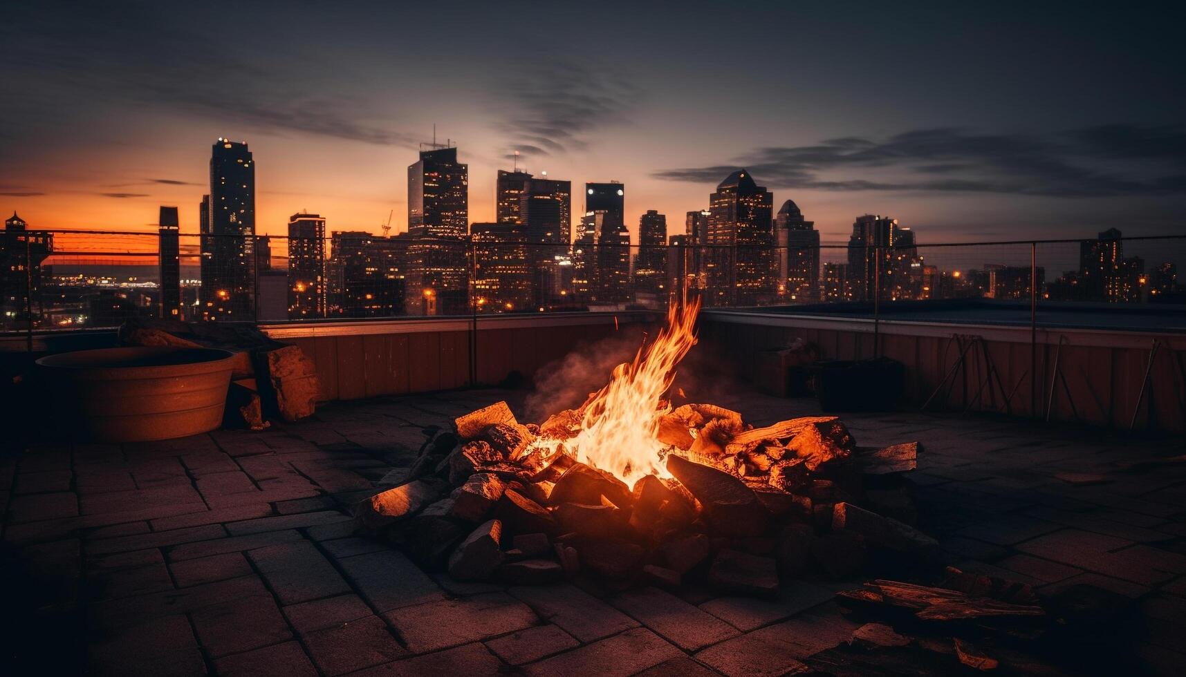 Glowing bonfire igniting natural phenomenon in dark cityscape skyline generated by AI photo