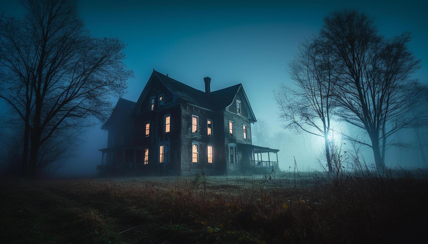 escalofriante noche en oscuro al aire libre, árbol horror en naturaleza abandonado rural escena generado por ai foto