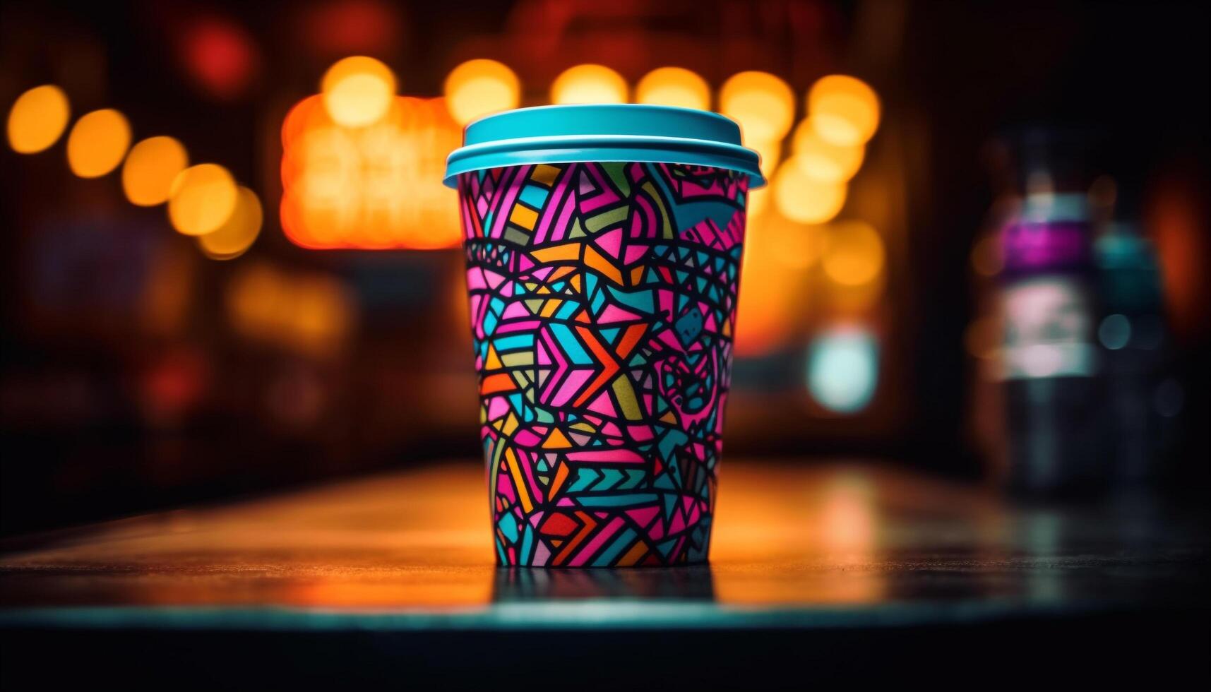 Hot drinks illuminate the night with colorful caffeine refreshment generated by AI photo