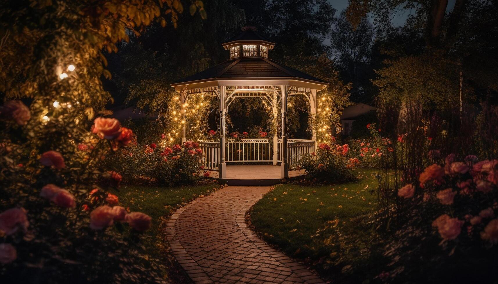 Rustic lantern illuminates old fashioned yard with multi colored foliage generated by AI photo