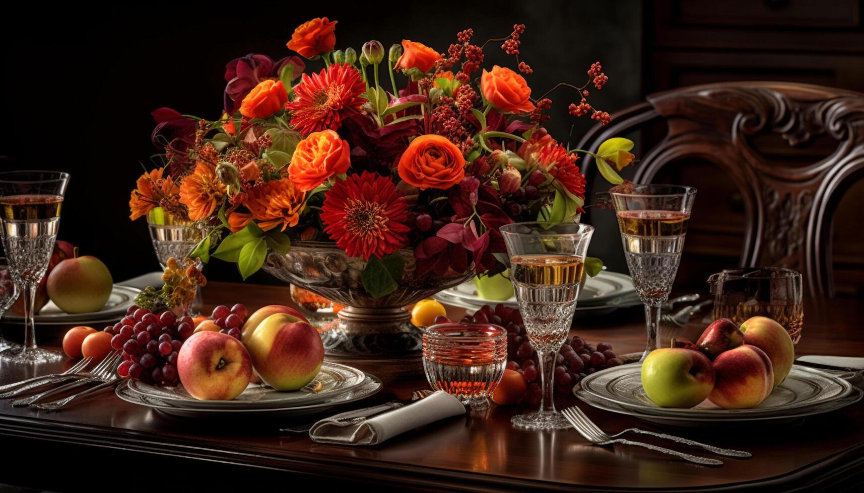 Still life arrangement of fresh fruit, wine, and elegant decor generated by AI photo