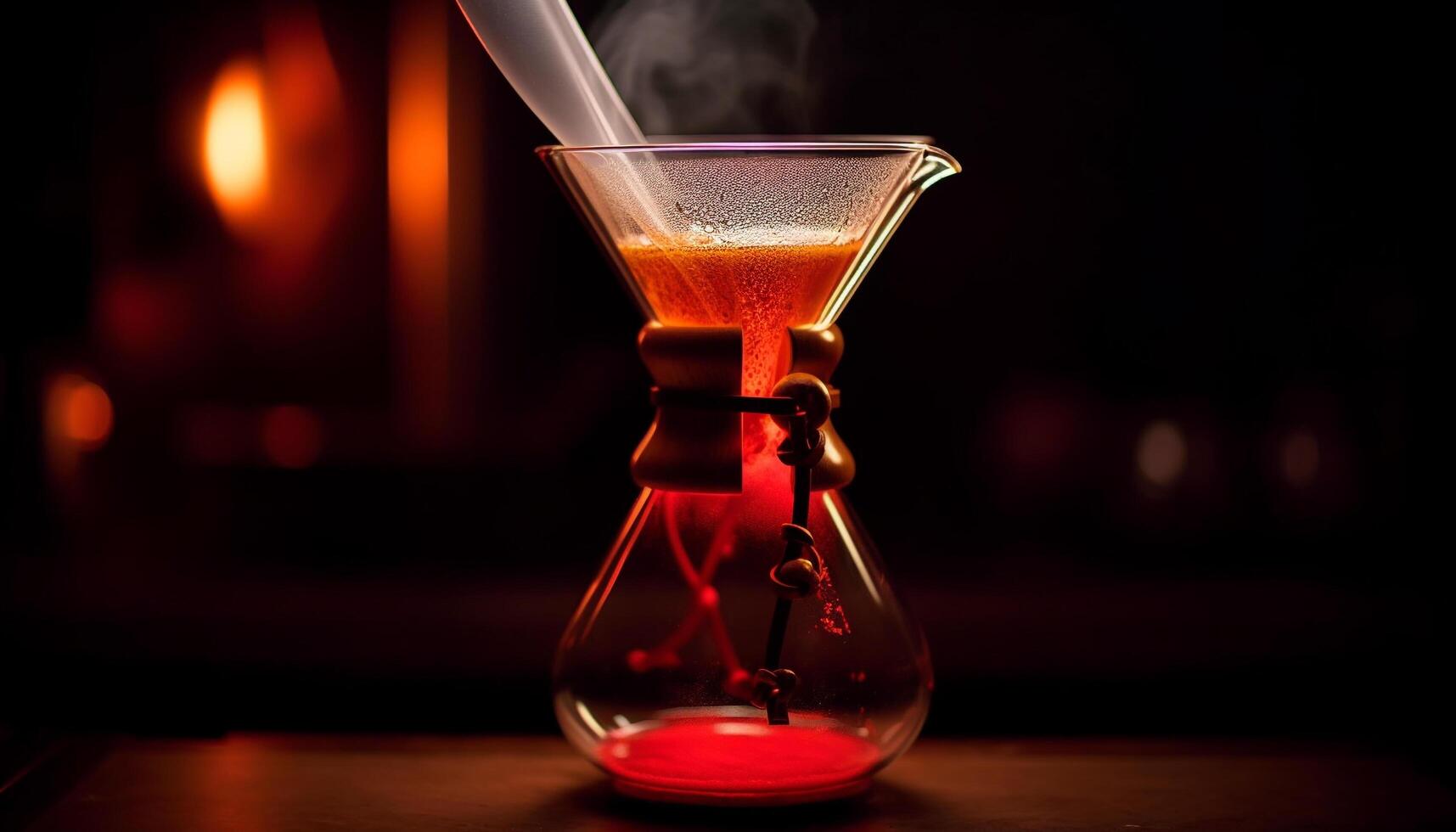 Flaming whiskey cocktail poured into elegant wineglass on bar table generated by AI photo