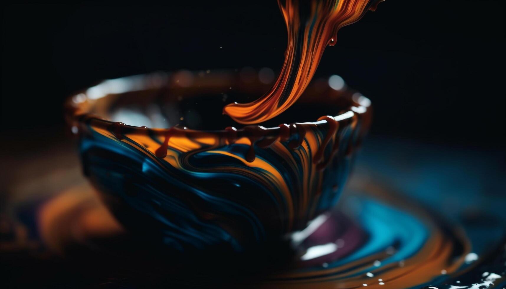 Chocolate dessert pouring into pottery bowl, splashing liquid refreshment generated by AI photo