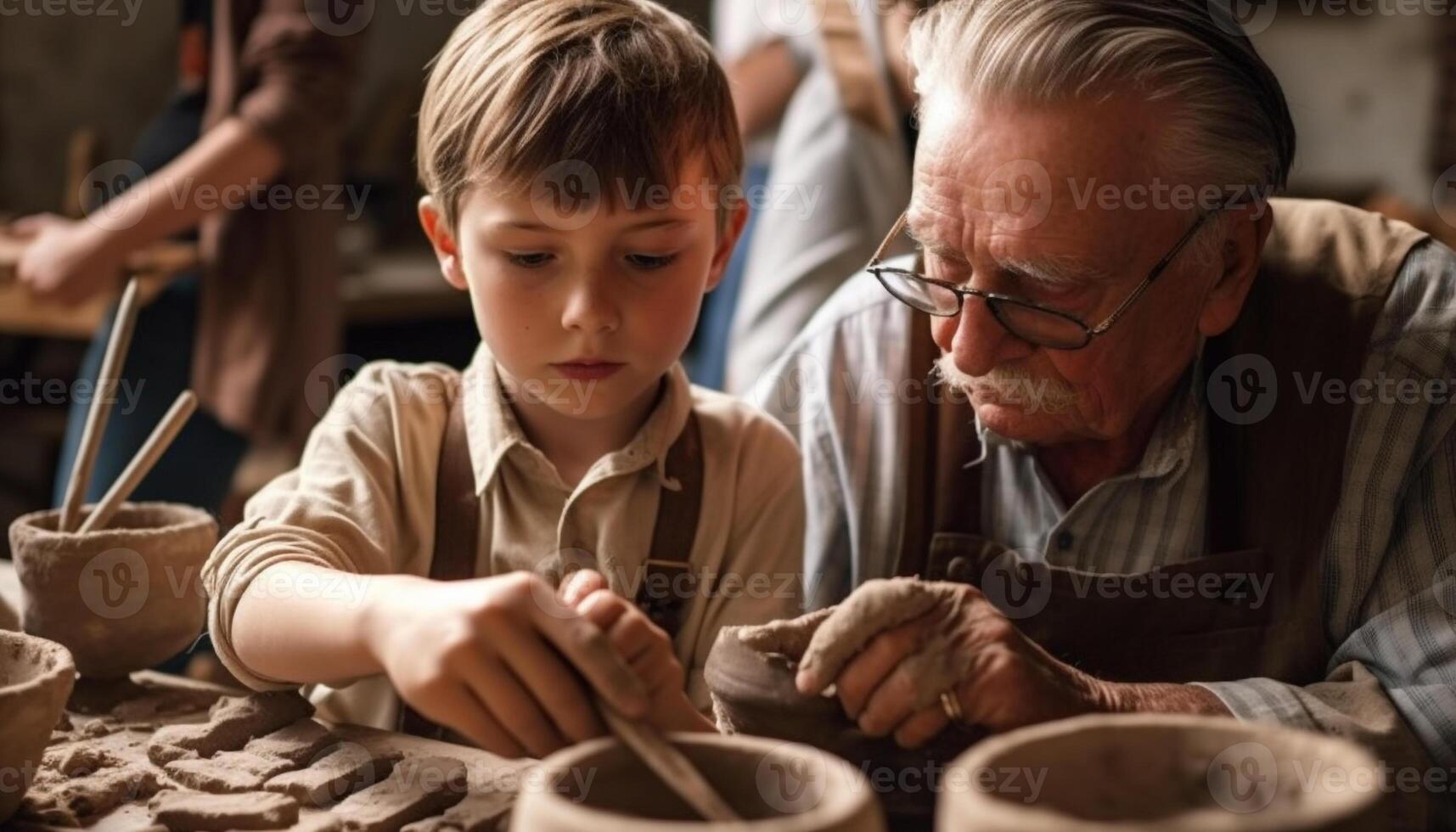 multi Generacion familia haciendo cerámica juntos, aprendizaje creatividad y habilidad generativo ai foto