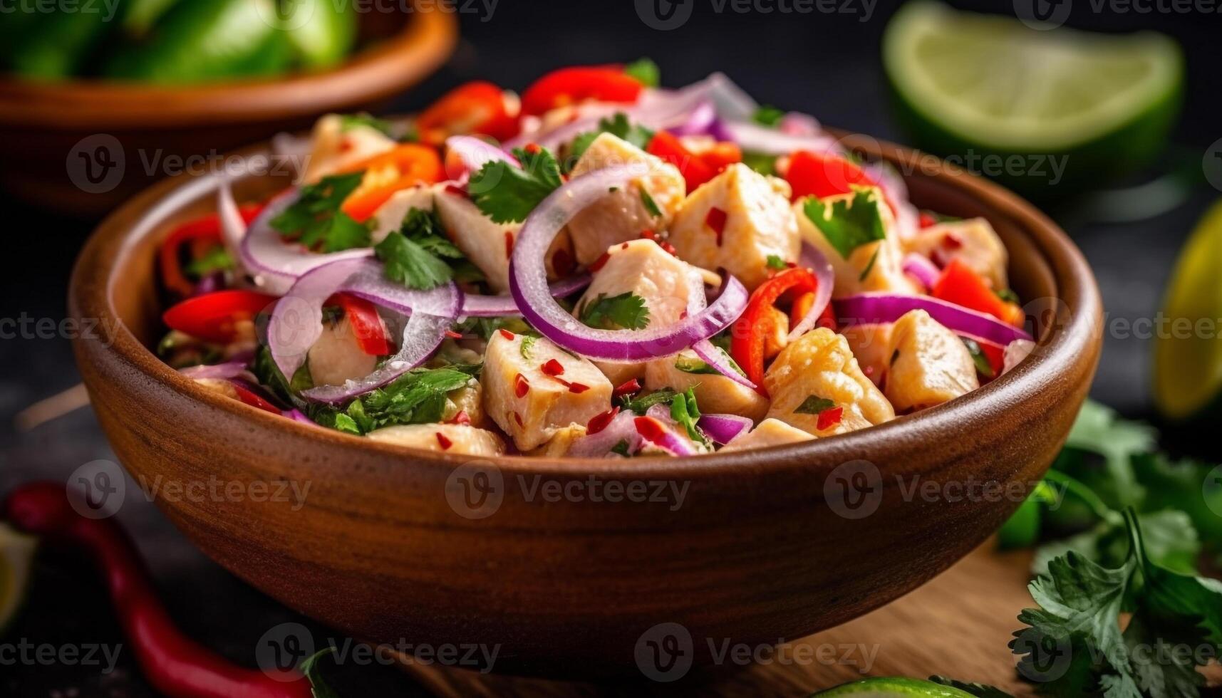 Gourmet taco bowl with fresh vegetables, grilled meat, and guacamole photo