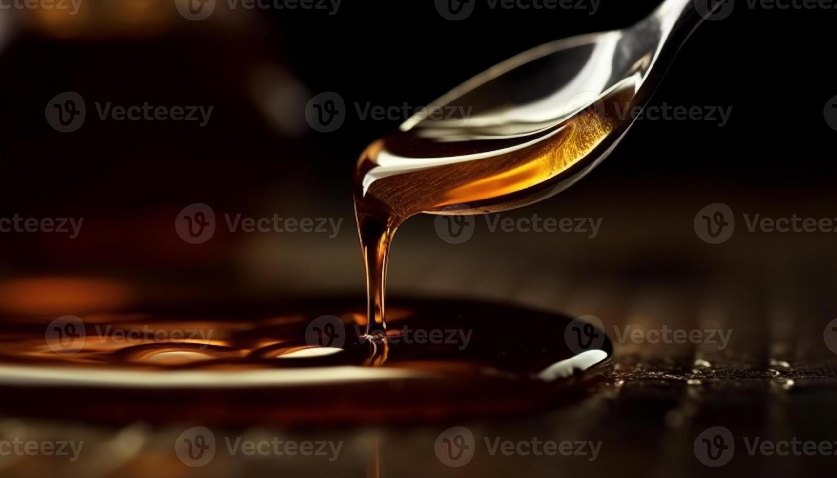 Fresh honey pouring over sweet food on wooden spoon photo