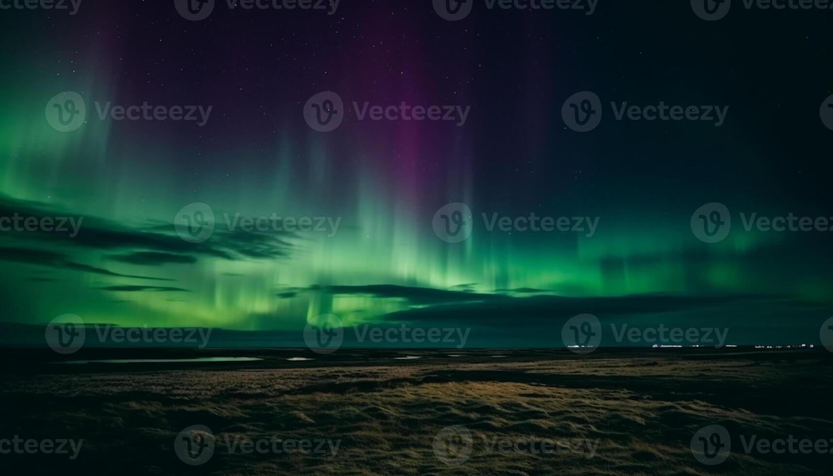Majestic mountain range illuminated by starry night sky multi colored glow photo